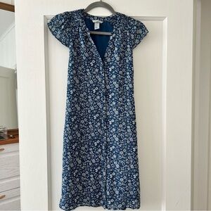 H&M Teal Blue & White Floral Print V Neck Button Down Short Sleeve Dress Size 0